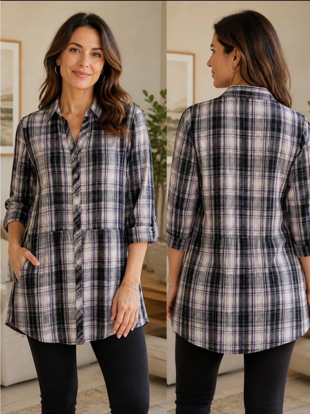 J. Jill Pintuck Plaid Lightweight Casual Tunic Preppy Women’s LP Comfy Top Soft